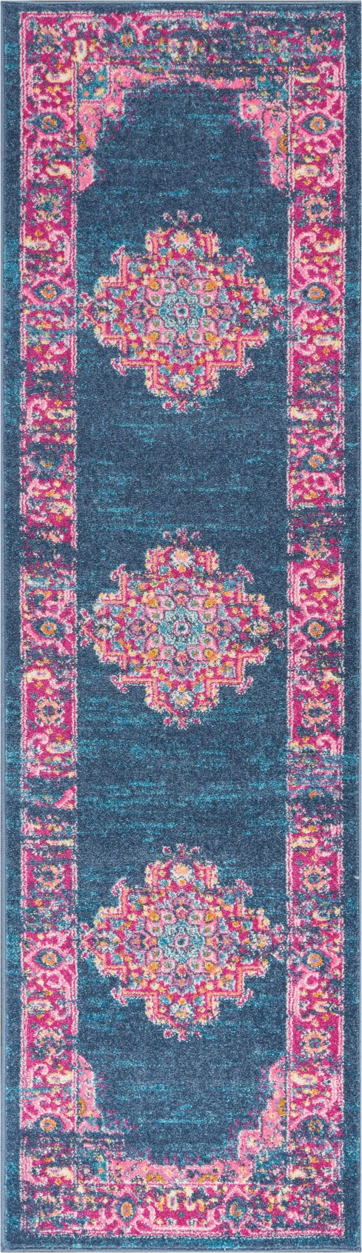 2?x 10?Blue and Pink Medallion Runner Rug