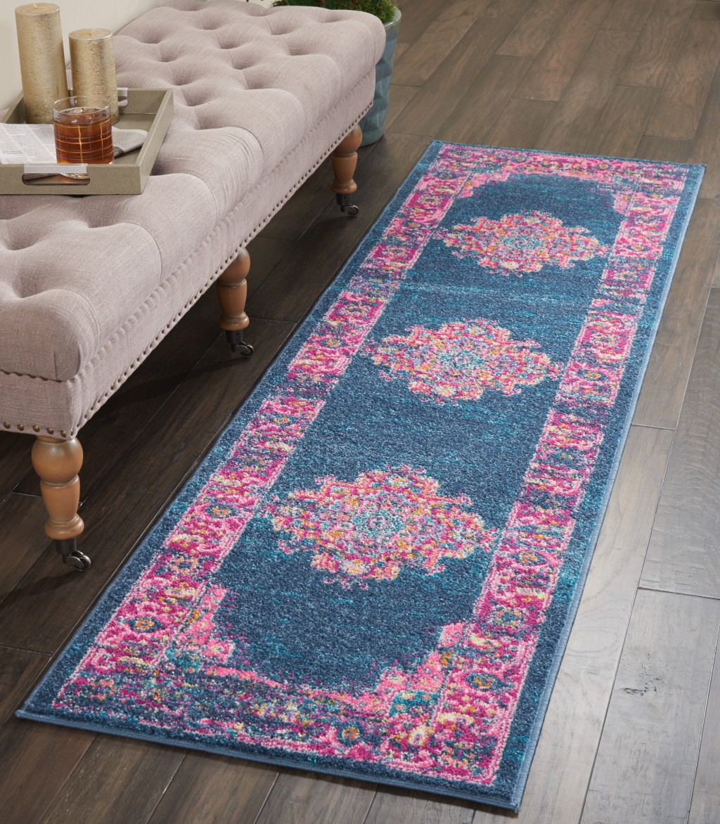 2?x 10?Blue and Pink Medallion Runner Rug - Image 2
