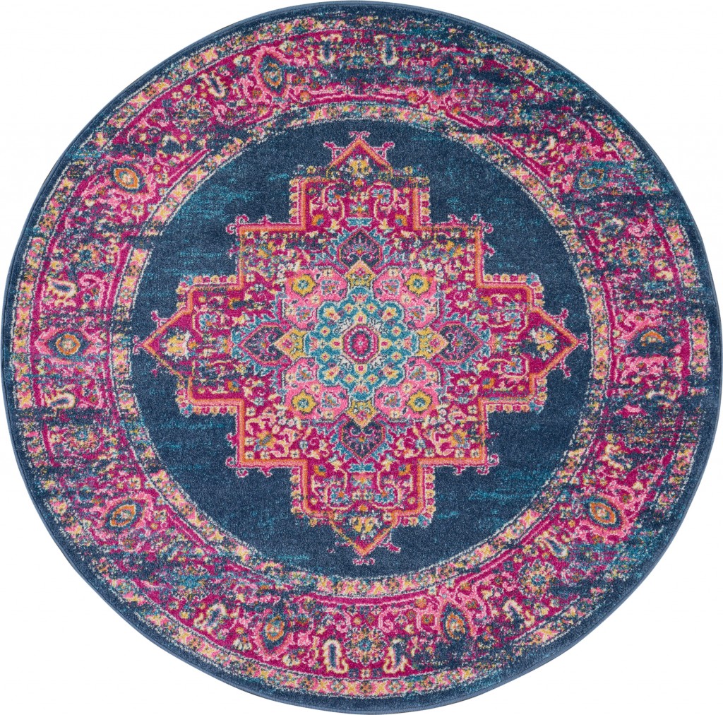 5?Round Blue and Pink Medallion Area Rug