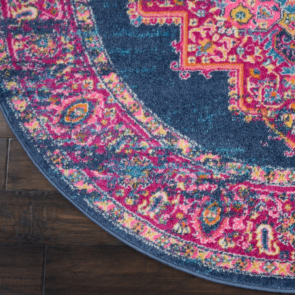 5?Round Blue and Pink Medallion Area Rug - Image 2