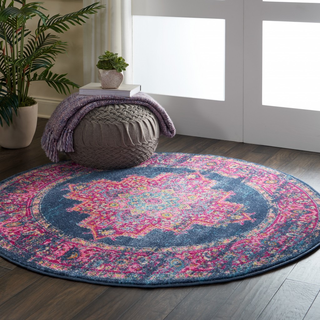 5?Round Blue and Pink Medallion Area Rug - Image 3