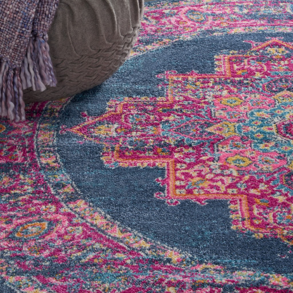 5?Round Blue and Pink Medallion Area Rug - Image 4