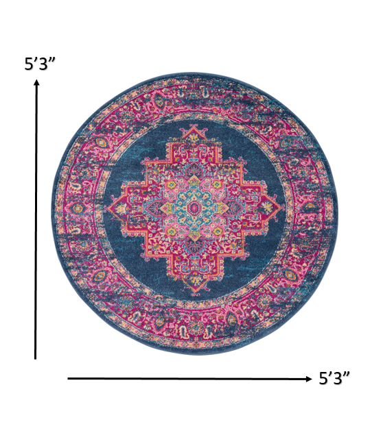5?Round Blue and Pink Medallion Area Rug - Image 5