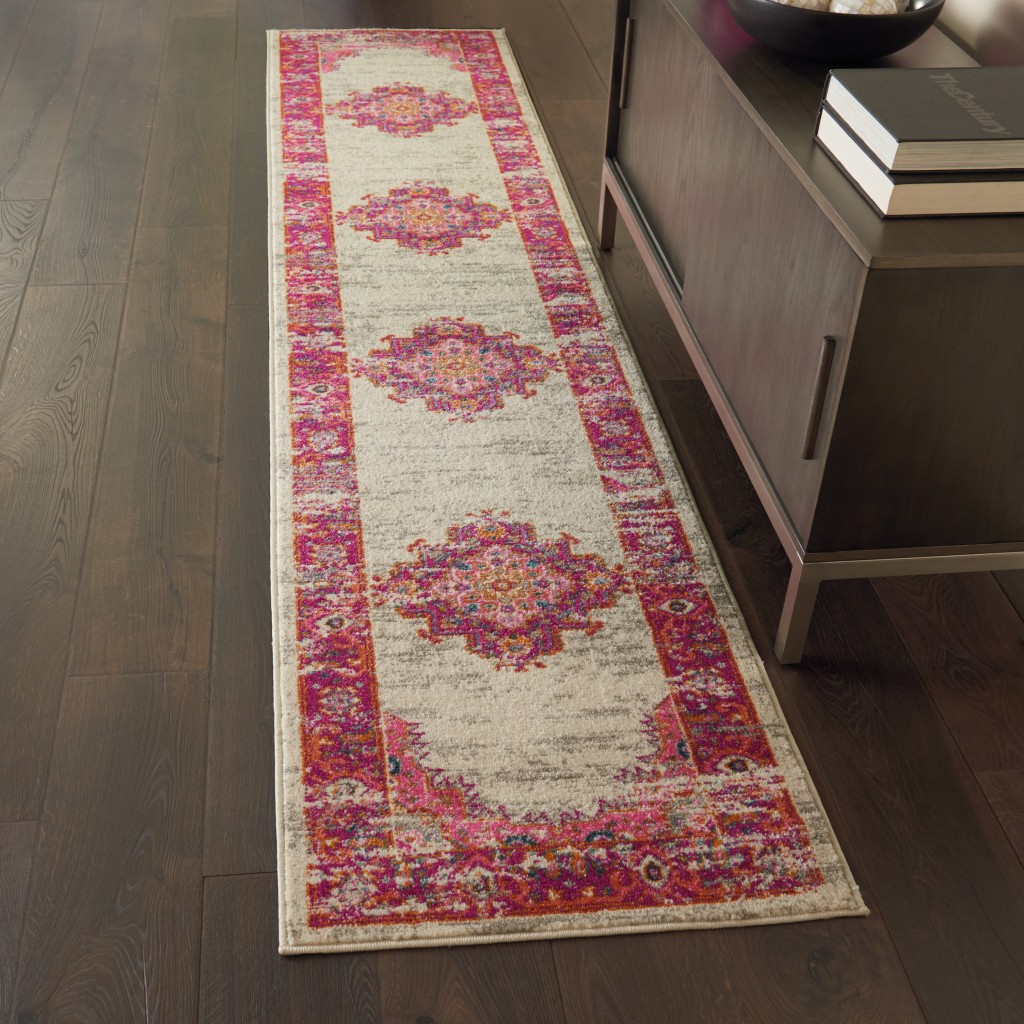 2?x 10' Ivory and Fuchsia Distressed Runner Rug - Image 3