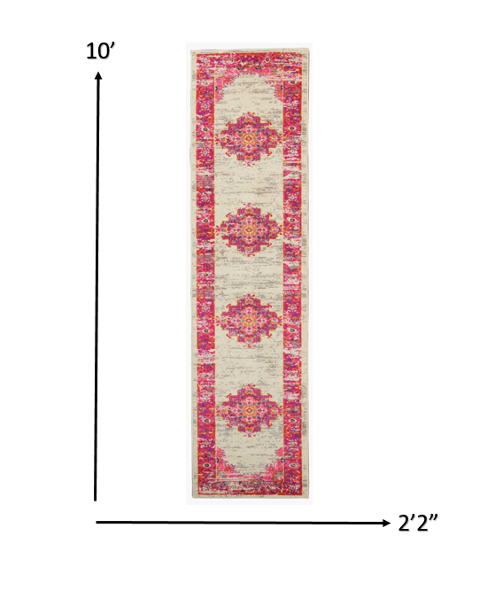 2?x 10' Ivory and Fuchsia Distressed Runner Rug - Image 4