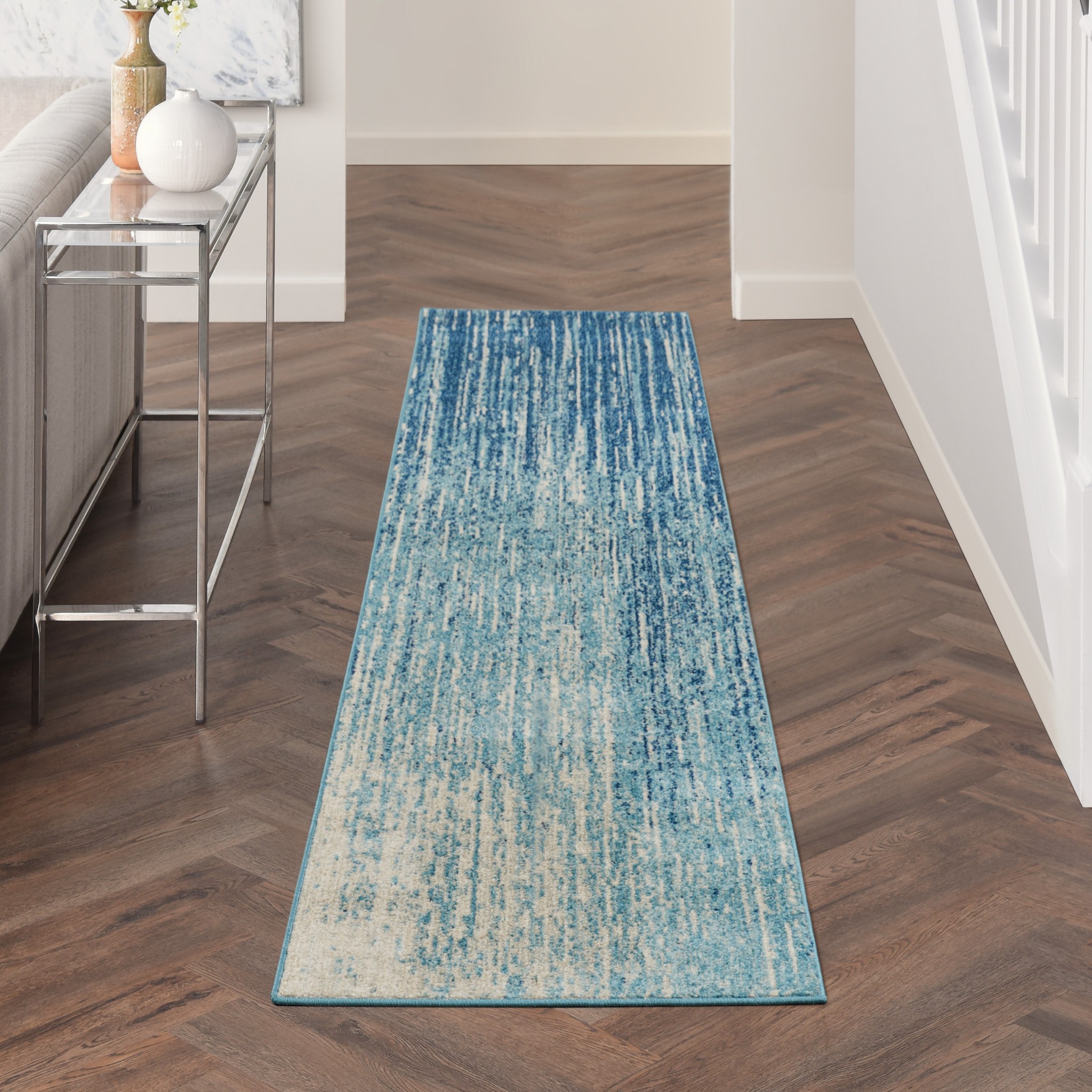 2?x 10?Navy and Light Blue Abstract Runner Rug - Image 4