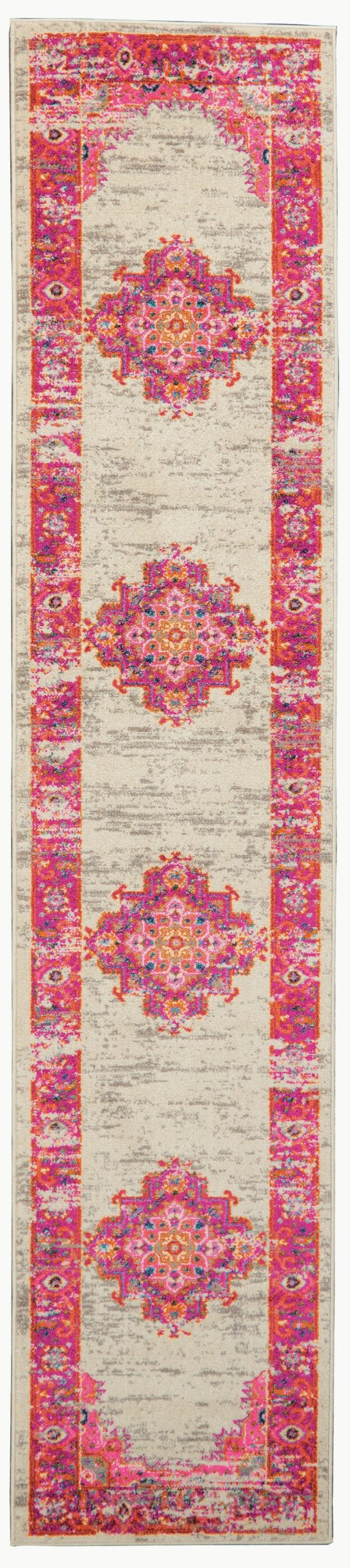 2?x 8' Ivory and Fuchsia Distressed Runner Rug