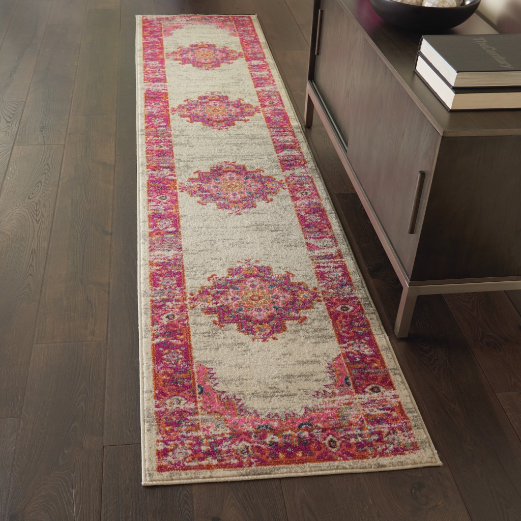 2?x 8' Ivory and Fuchsia Distressed Runner Rug - Image 3