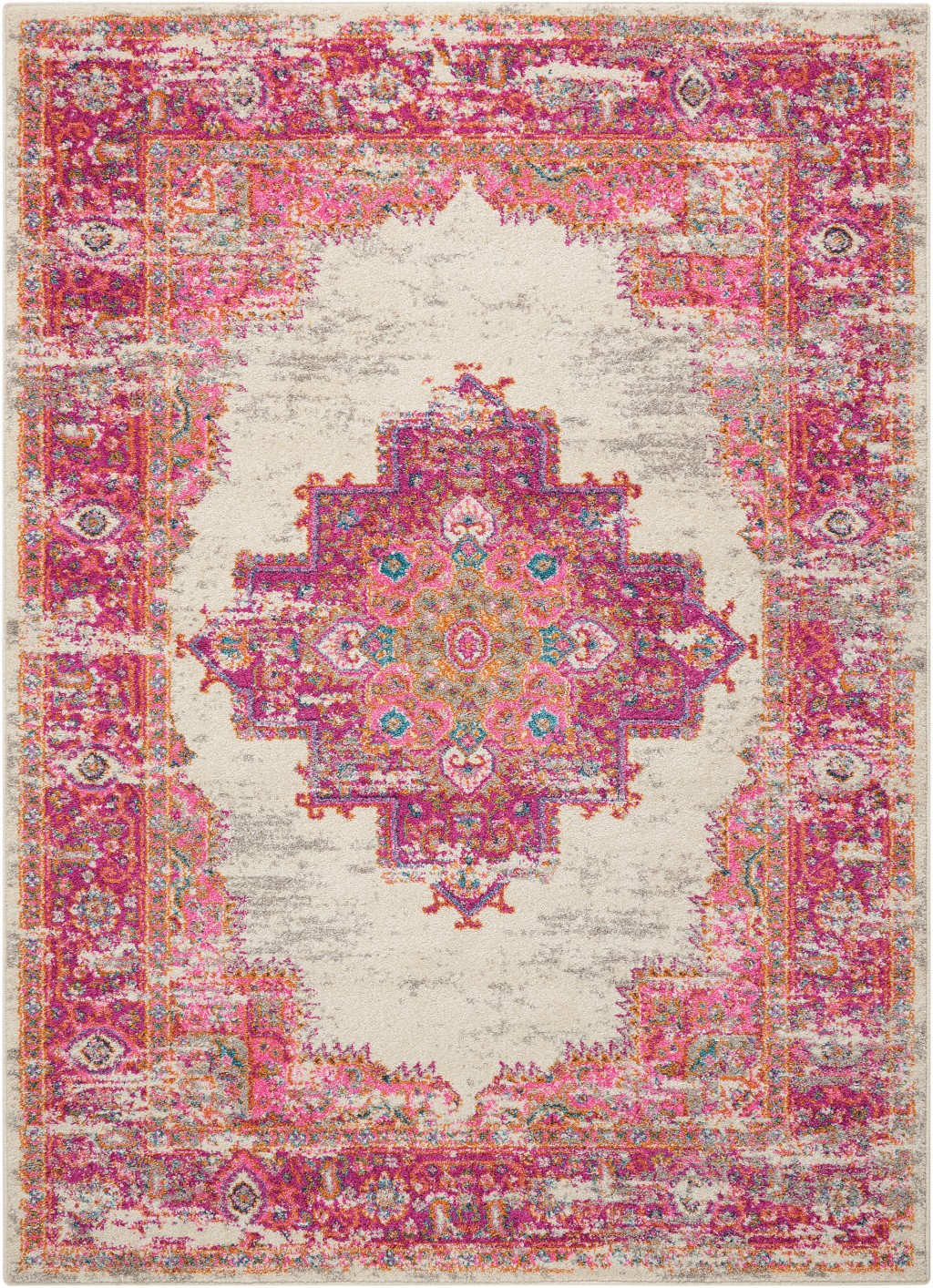 4?x 6' Ivory and Fuchsia Distressed Area Rug