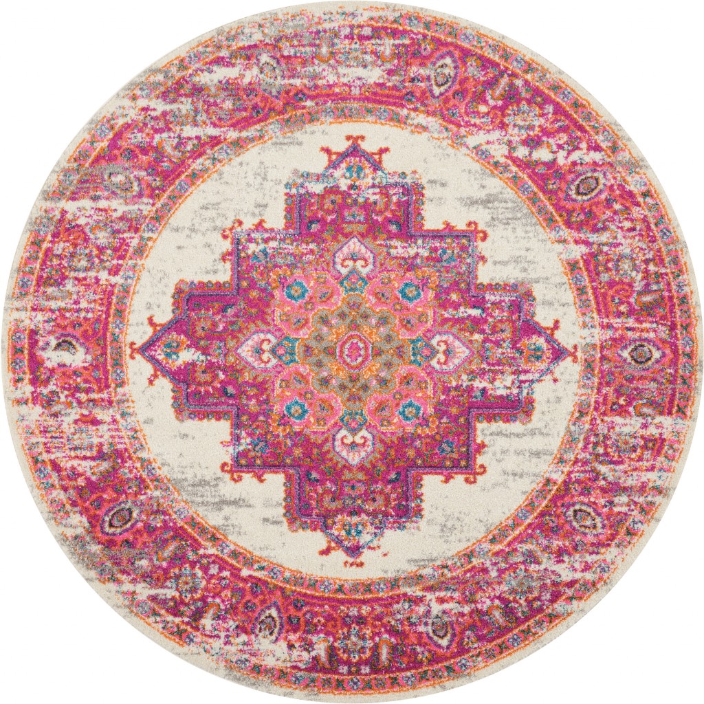 5?Round Ivory and Fuchsia Distressed Area Rug