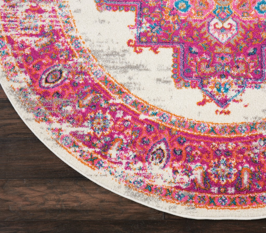 5?Round Ivory and Fuchsia Distressed Area Rug - Image 2