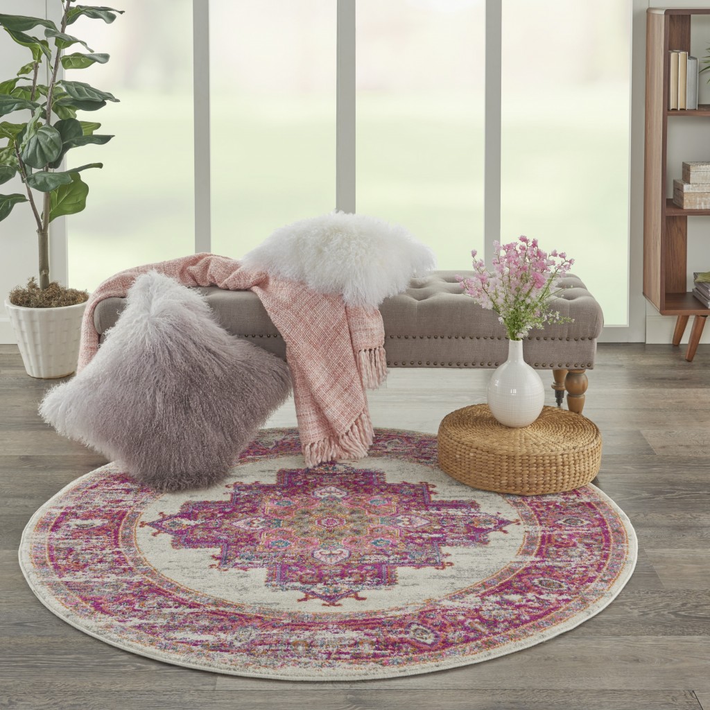 5?Round Ivory and Fuchsia Distressed Area Rug - Image 3