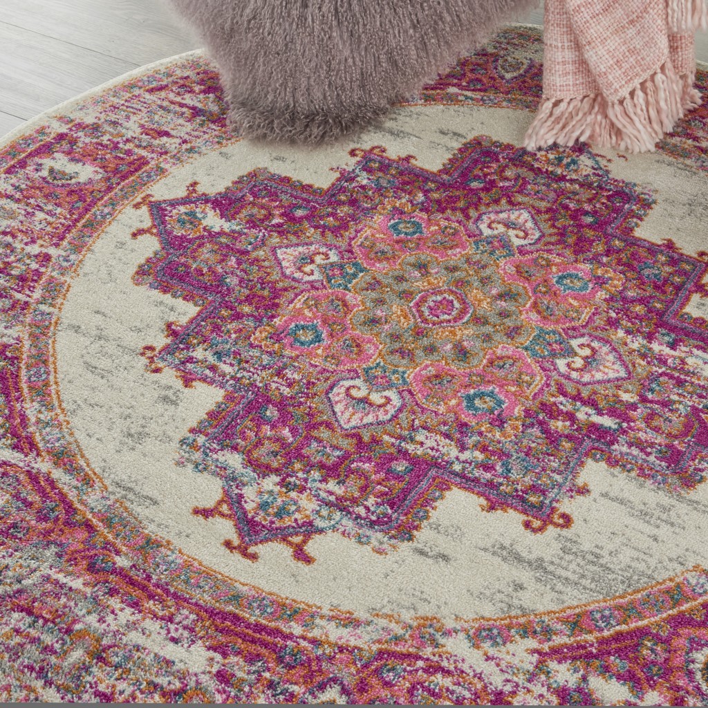 5?Round Ivory and Fuchsia Distressed Area Rug - Image 4