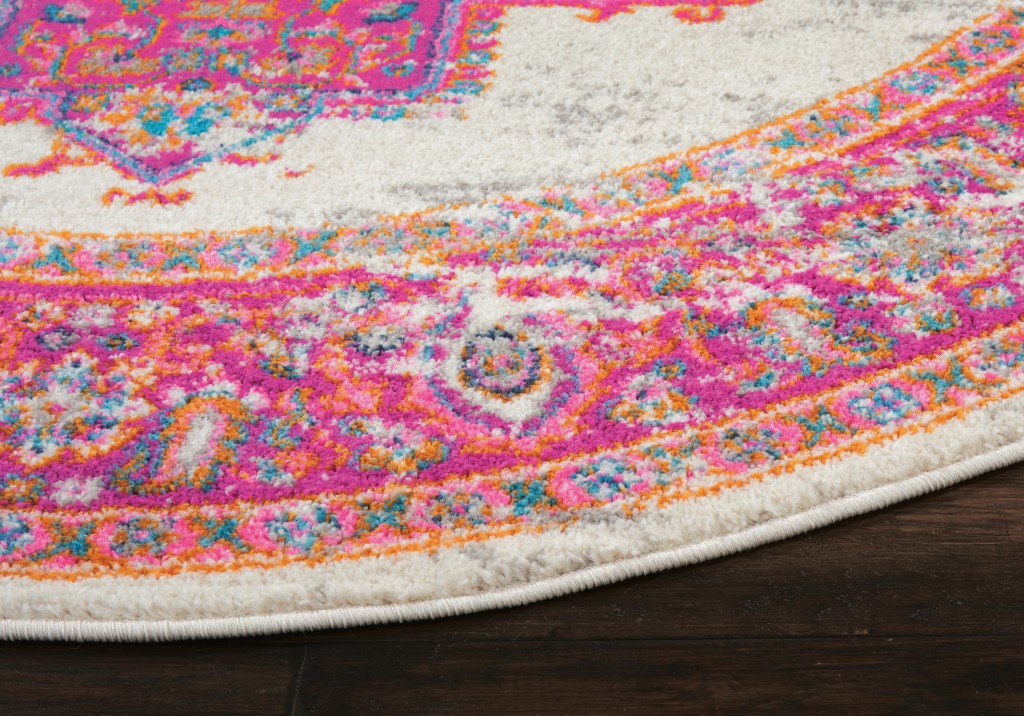 5?Round Ivory and Fuchsia Distressed Area Rug - Image 5