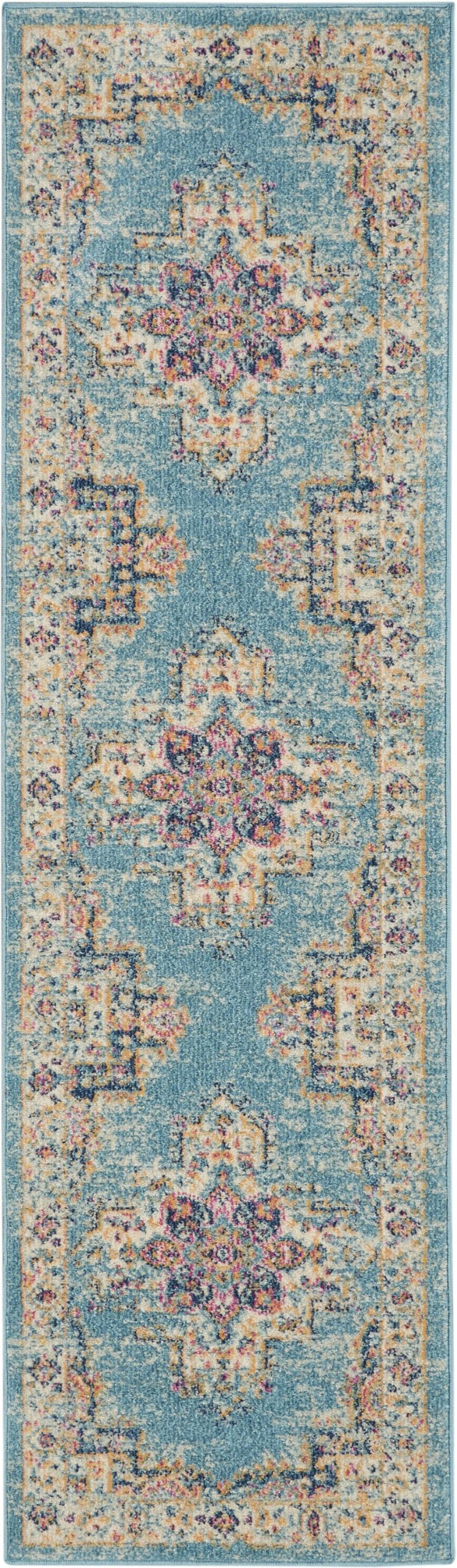 2抶8?Light Blue Distressed Medallion Runner Rug