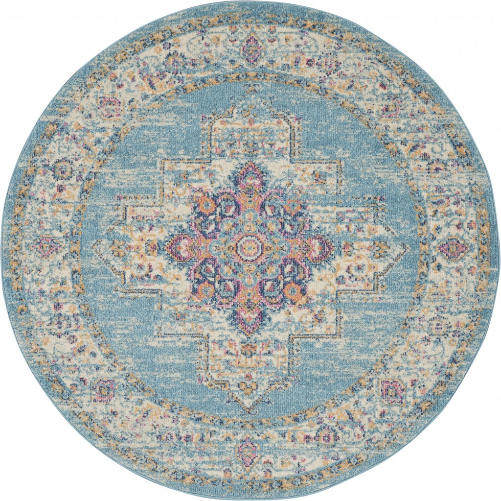 5?Round Light Blue Distressed Medallion Area Rug