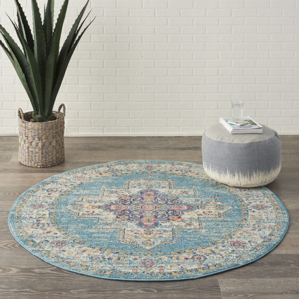5?Round Light Blue Distressed Medallion Area Rug - Image 4