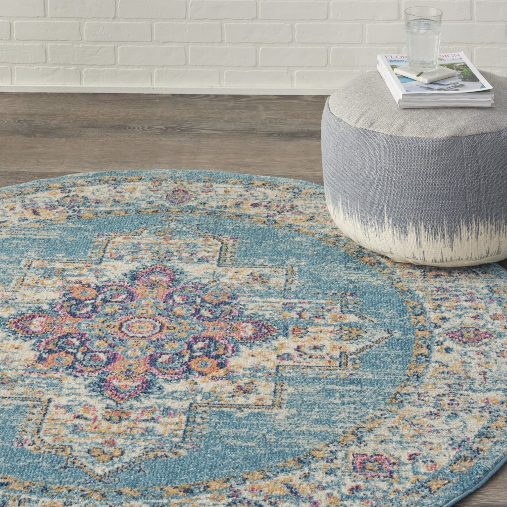 5?Round Light Blue Distressed Medallion Area Rug - Image 5