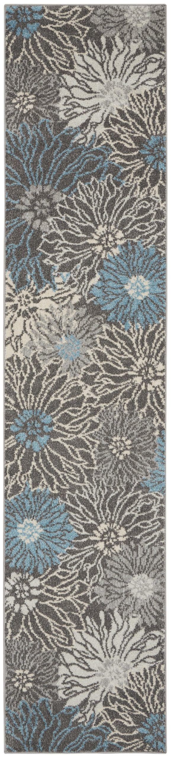 2?x 10?Charcoal and Blue Big Flower Runner Rug