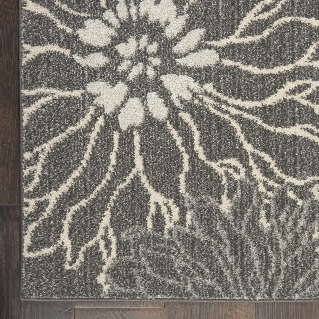 2?x 10?Charcoal and Blue Big Flower Runner Rug - Image 2