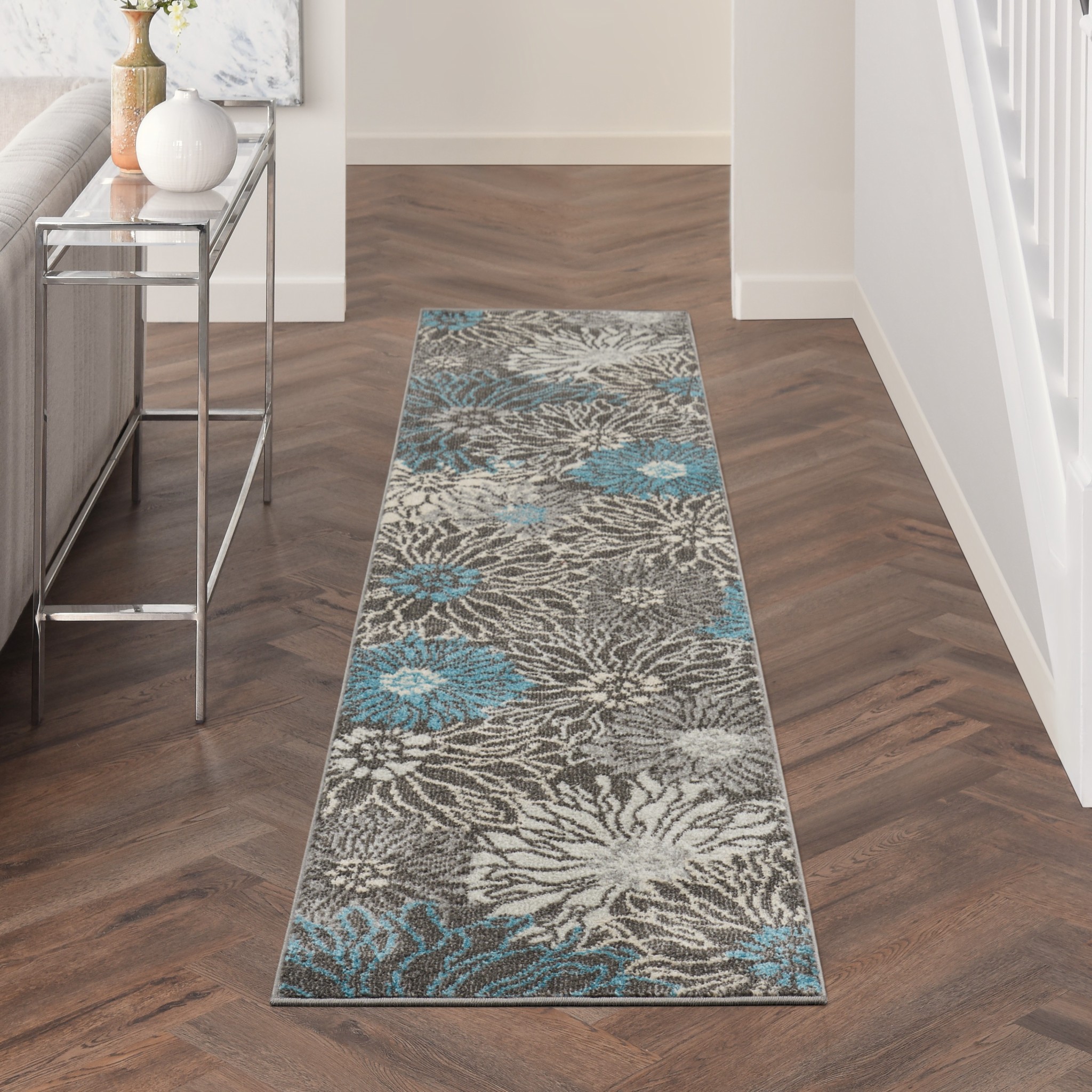 2?x 10?Charcoal and Blue Big Flower Runner Rug - Image 4
