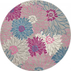 4?Round Gray and Pink Tropical Flower Area Rug