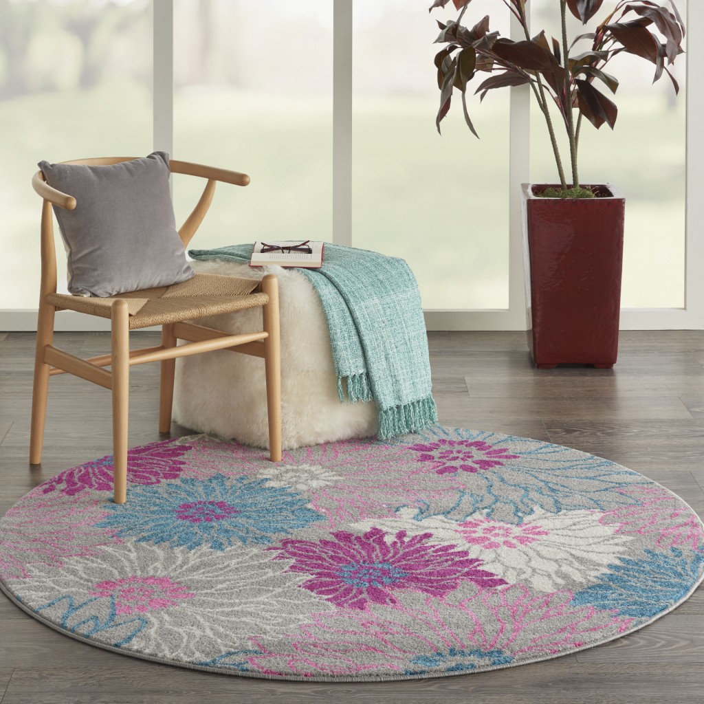 4?Round Gray and Pink Tropical Flower Area Rug - Image 4