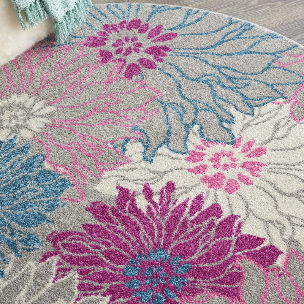4?Round Gray and Pink Tropical Flower Area Rug - Image 5