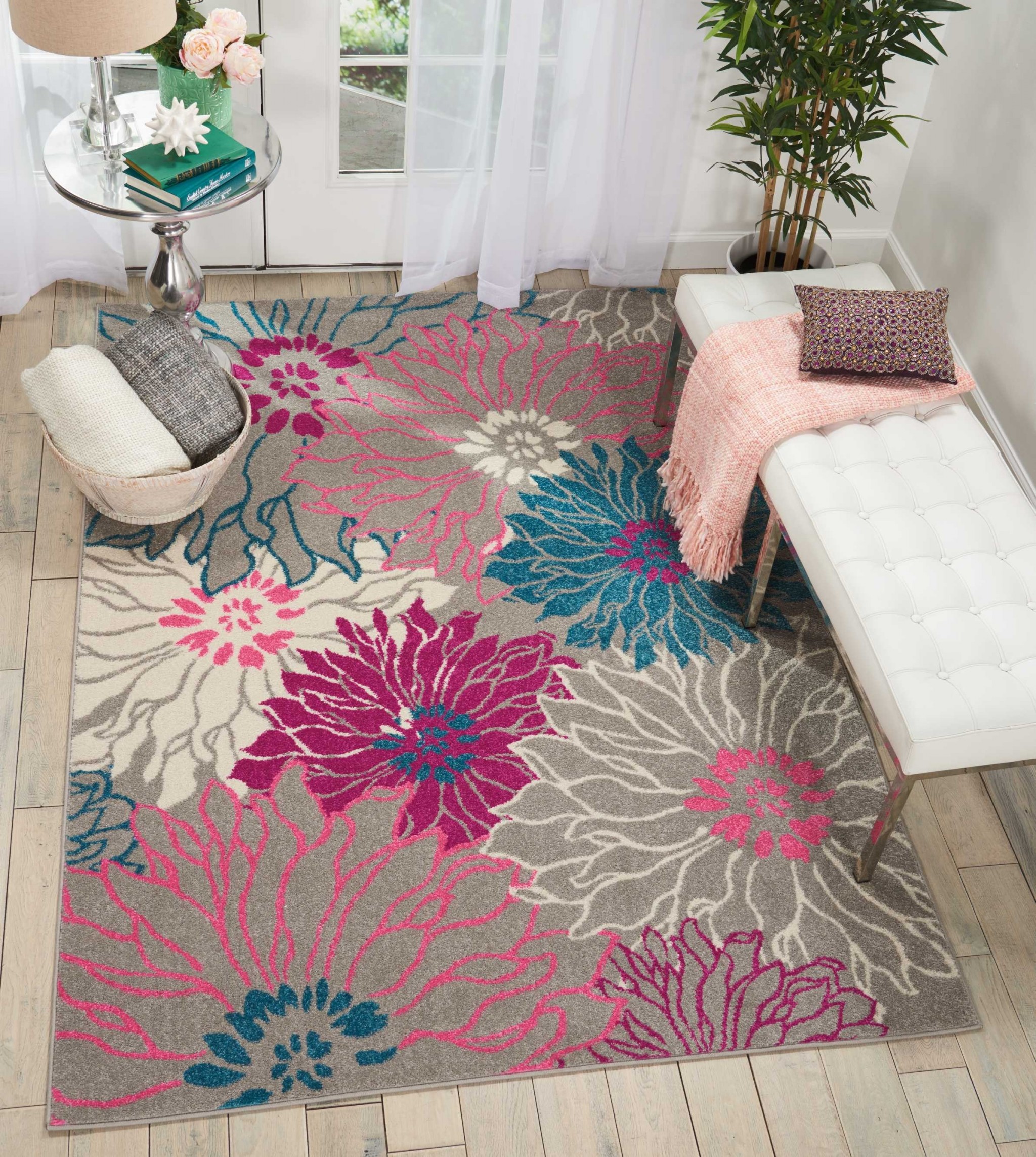 5?x 7?Gray and Pink Tropical Flower Area Rug - Image 4