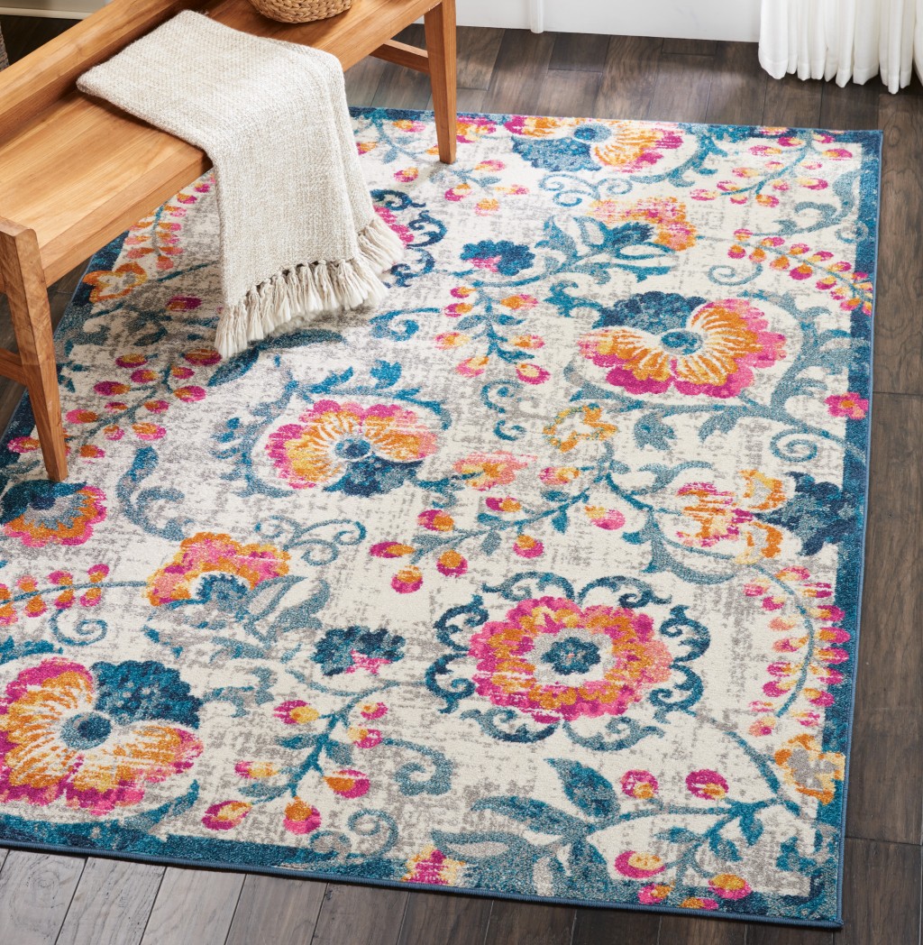 5?x 7?Ivory and Blue Floral Vines Area Rug - Image 4
