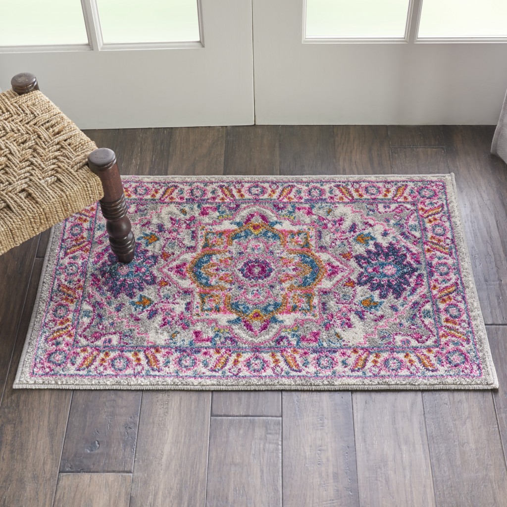 2?x 3?Light Gray and Pink Medallion Scatter Rug - Image 4