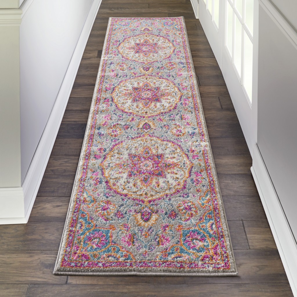 2?x 8?Gray and Pink Medallion Runner Rug - Image 4