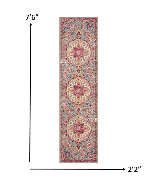 2?x 8?Gray and Pink Medallion Runner Rug - Image 5
