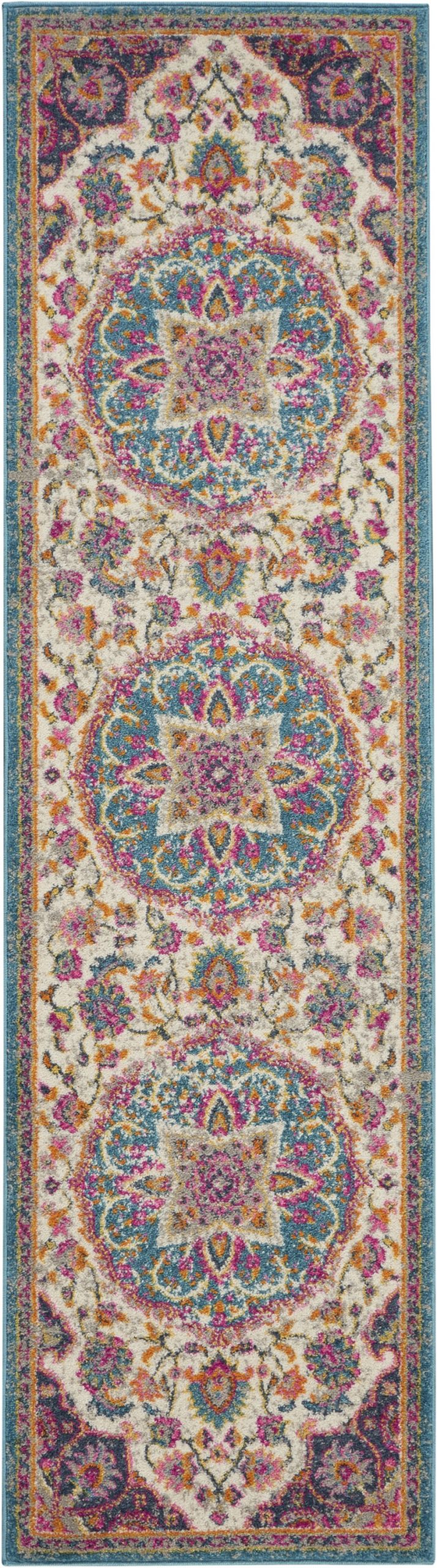 2?x 8' Pink and Blue Floral Medallion Runner Rug