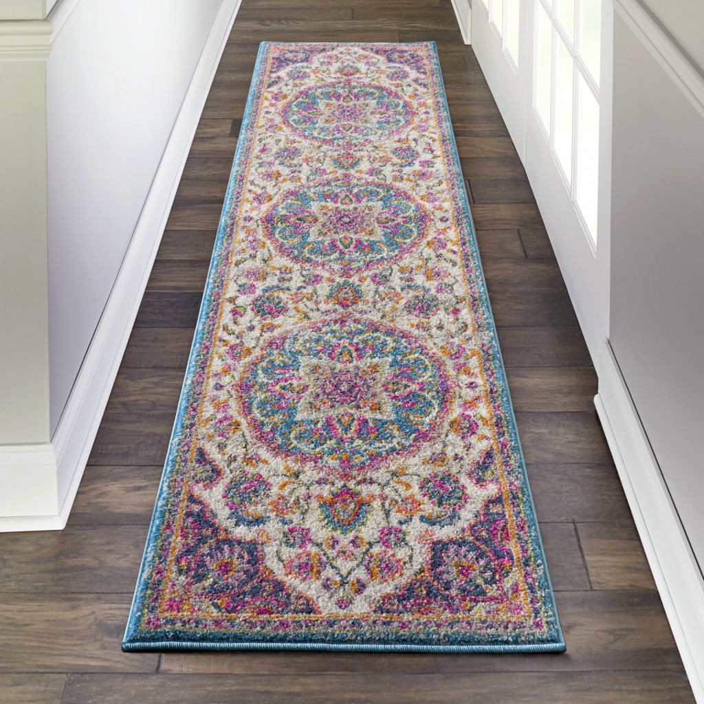 2?x 8' Pink and Blue Floral Medallion Runner Rug - Image 4