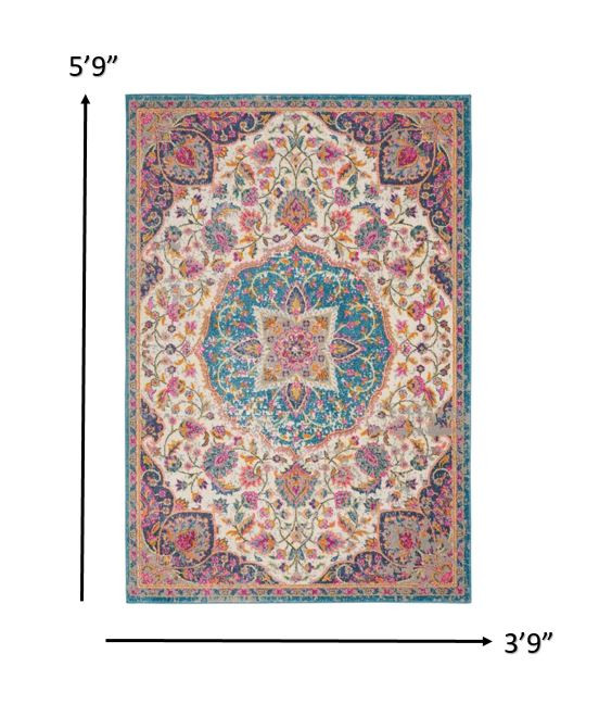 4?x 6?Pink and Blue Floral Medallion Area Rug - Image 5