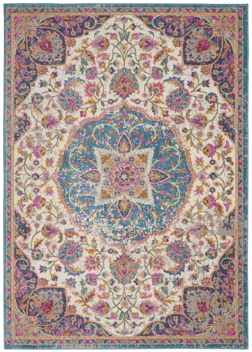 5?x 7?Pink and Blue Floral Medallion Area Rug