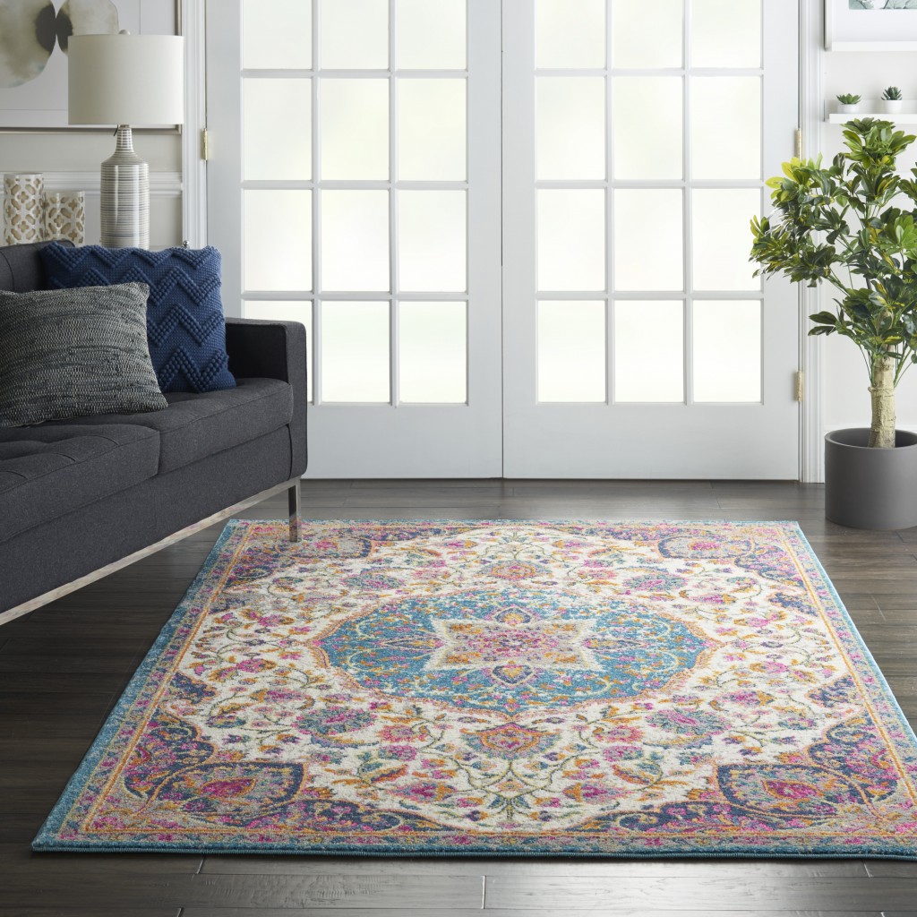 5?x 7?Pink and Blue Floral Medallion Area Rug - Image 2