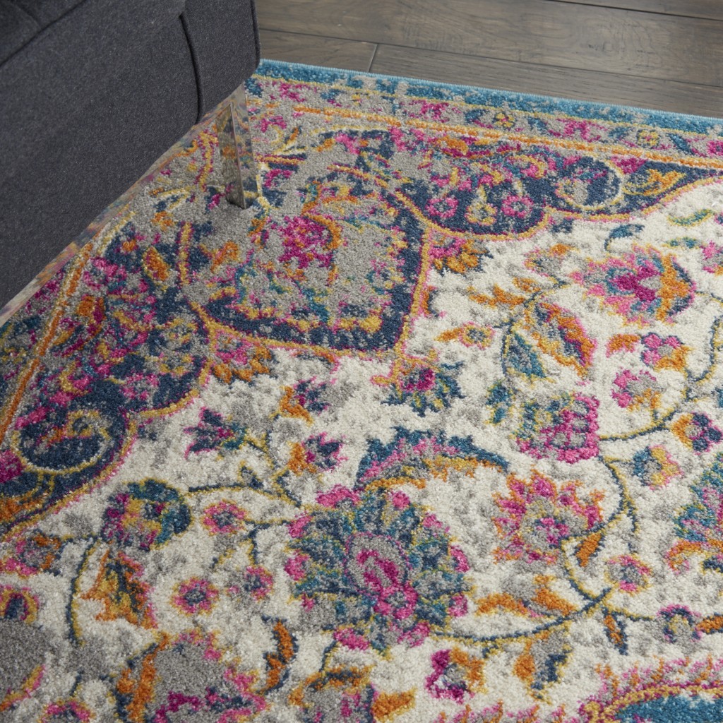5?x 7?Pink and Blue Floral Medallion Area Rug - Image 3
