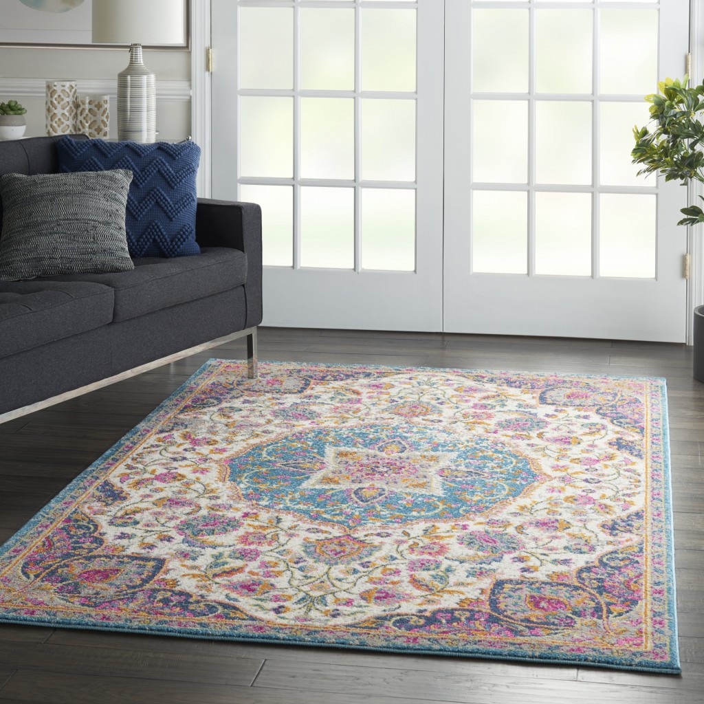 5?x 7?Pink and Blue Floral Medallion Area Rug - Image 4