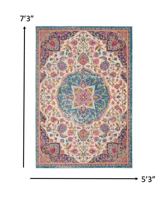 5?x 7?Pink and Blue Floral Medallion Area Rug - Image 5