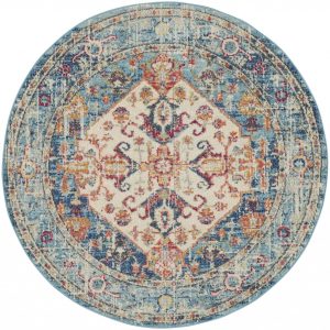 4?Round Ivory and Light Blue Distressed Area Rug