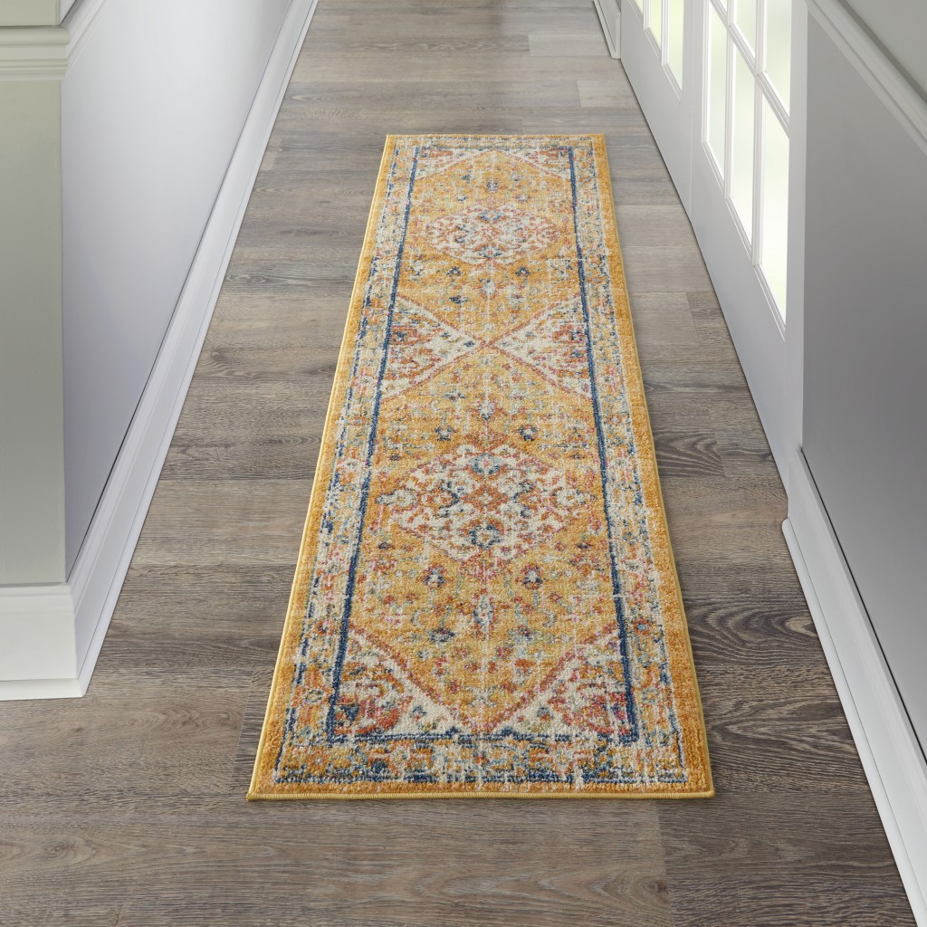 2?x 8?Ivory and Yellow Center Medallion Runner Rug - Image 4