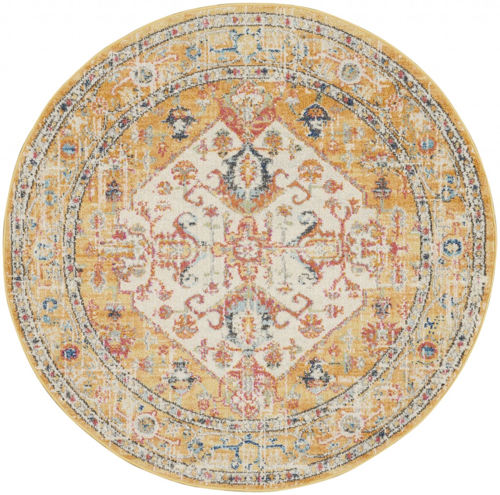 4?Round Ivory and Yellow Center Medallion Area Rug