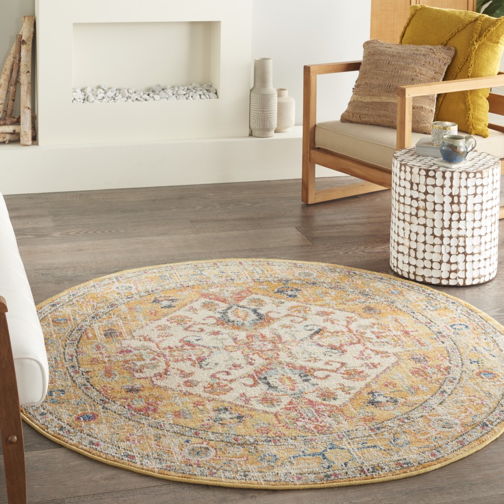 5?Round Ivory and Yellow Center Medallion Area Rug - Image 4