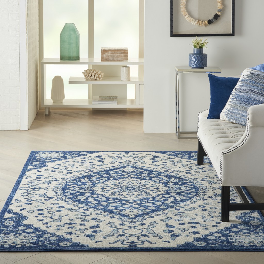 4?x 6?Ivory and Blue Medallion Area Rug - Image 4