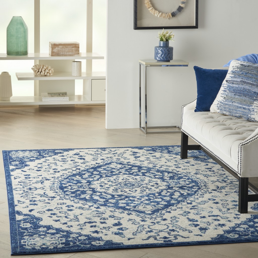 4?x 6?Ivory and Blue Medallion Area Rug - Image 5