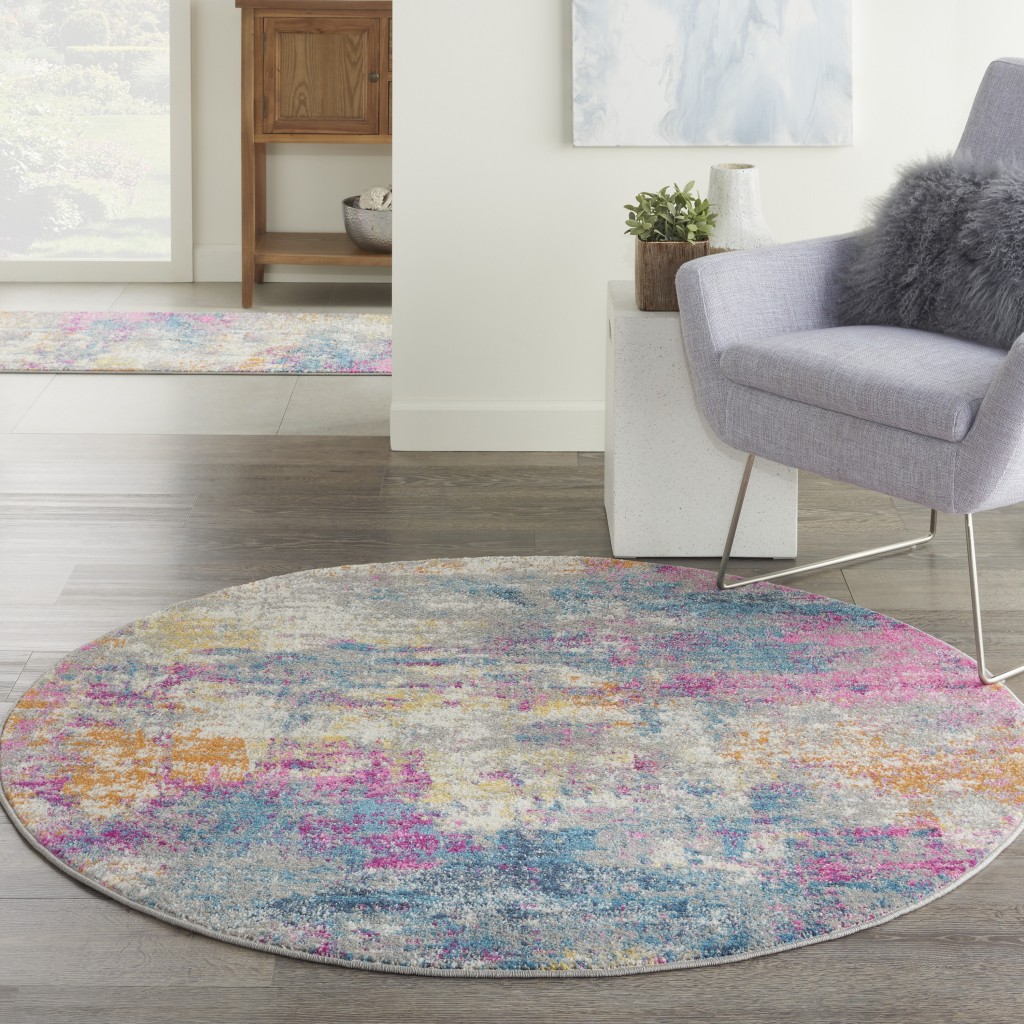 5?Round Ivory and Multi Abstract Area Rug - Image 4