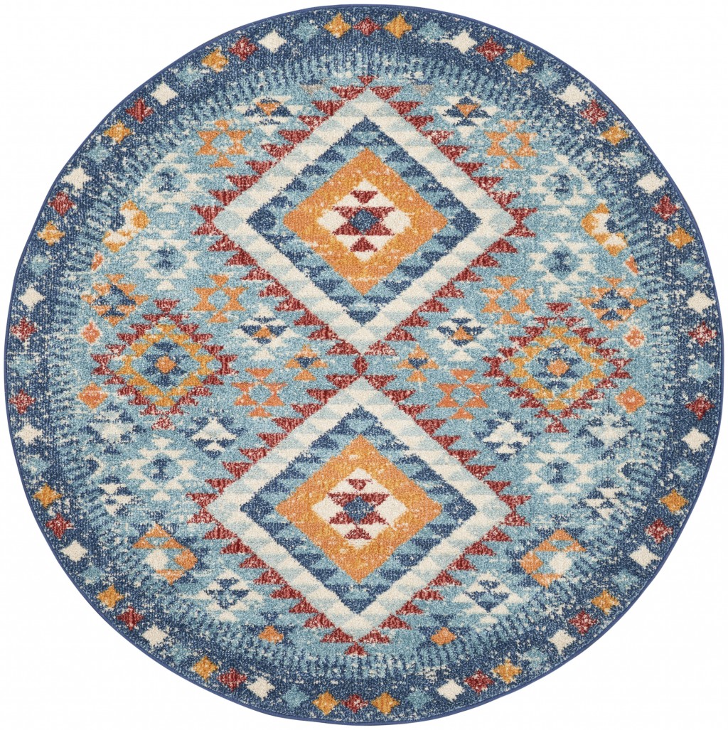 5?Round Blue and Multi Diamonds Area Rug