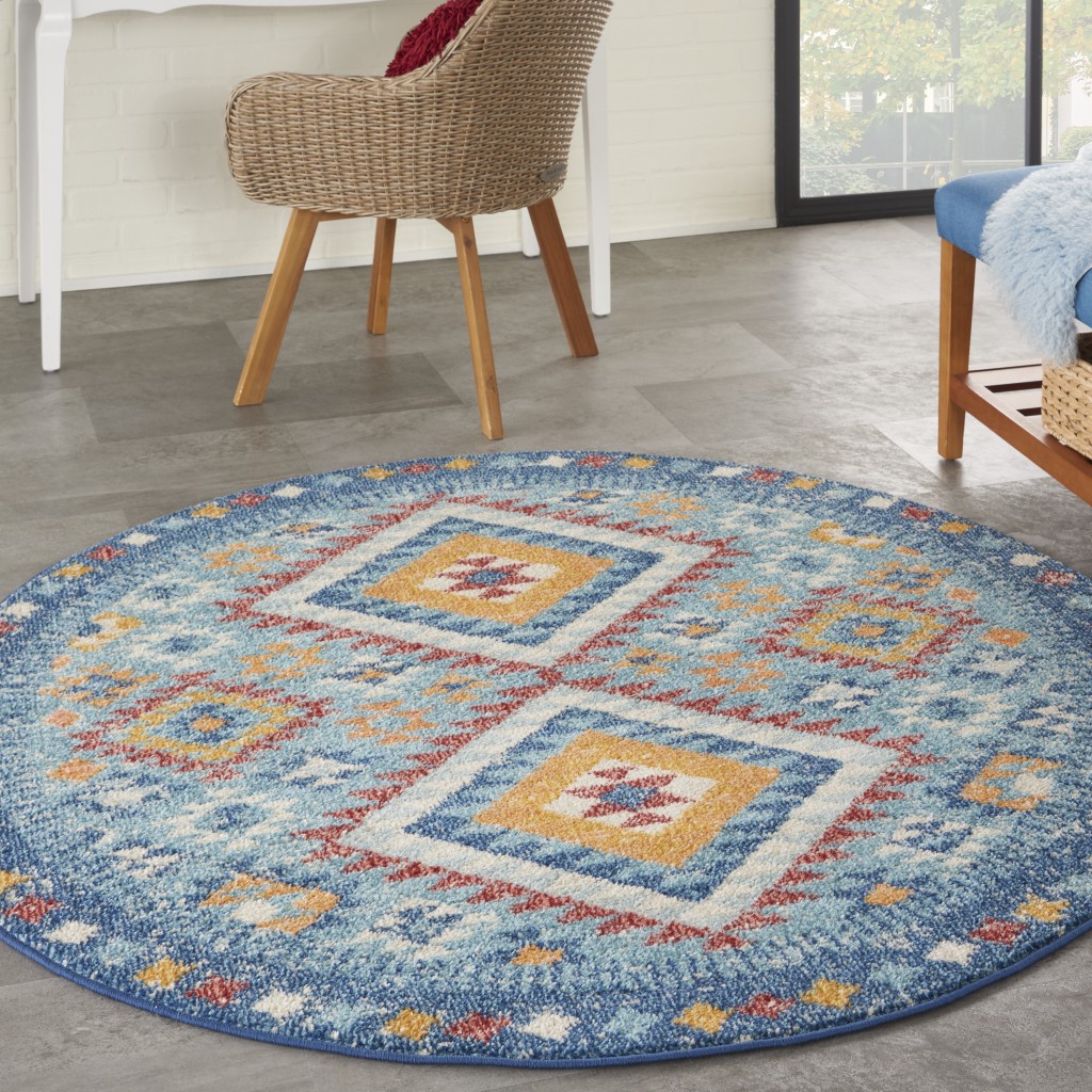 5?Round Blue and Multi Diamonds Area Rug - Image 2